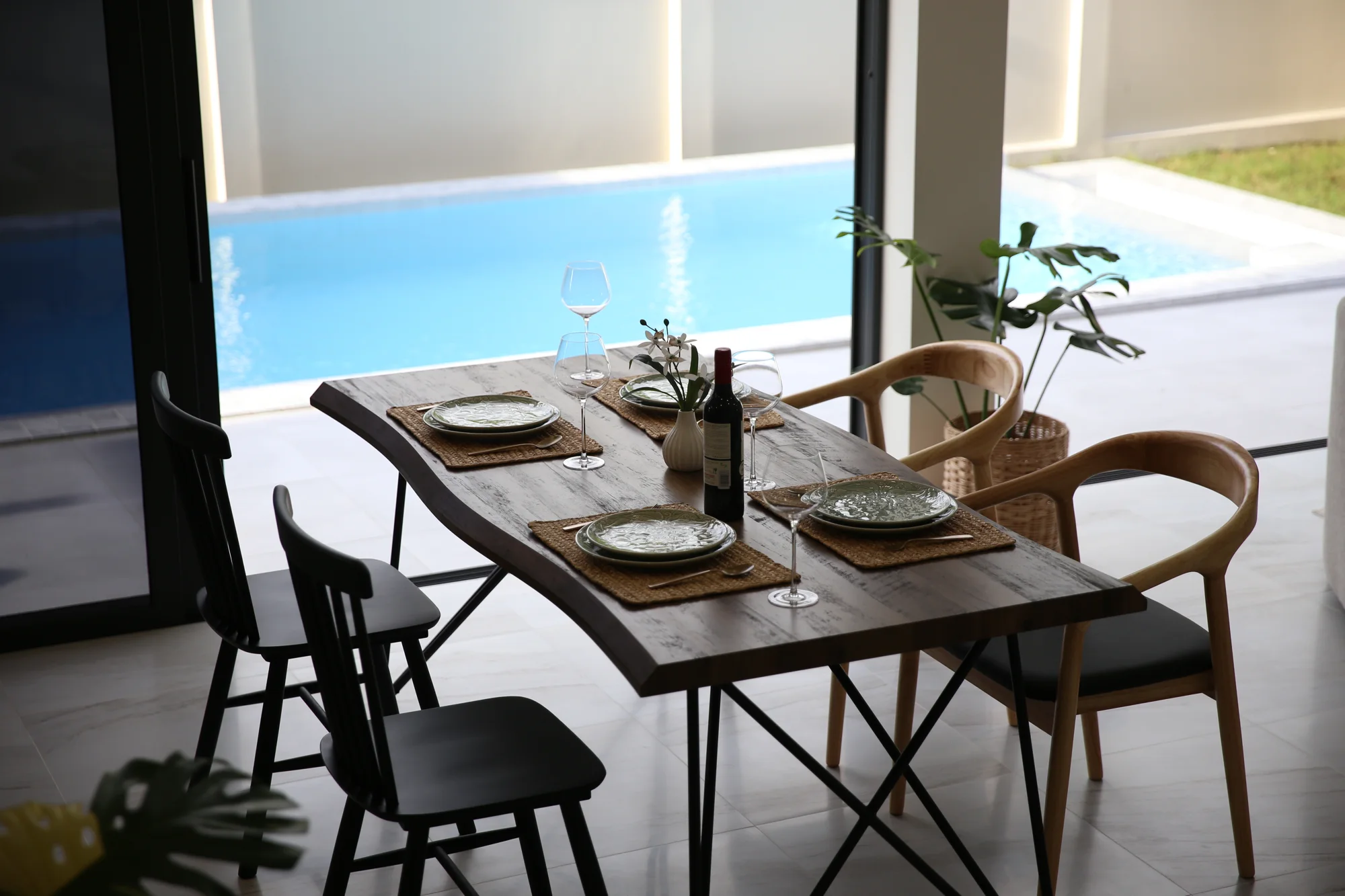 Dining table overlooking the private pool